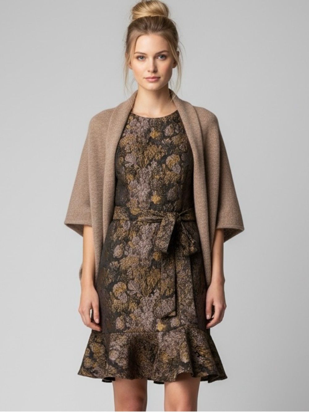 ANTONIO MELANI Taupe Open-Front Knit Shawl
